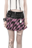 Pink And Black Plaid Mini Skirt with Leather Belt