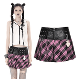 Pink And Black Plaid Mini Skirt with Leather Belt