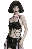 Pink Gothic Faux Leather Harness with Chains and Skull