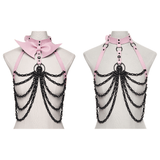 Pink Gothic Faux Leather Harness with Chains and Skull