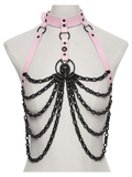 Pink Gothic Faux Leather Harness with Chains and Skull