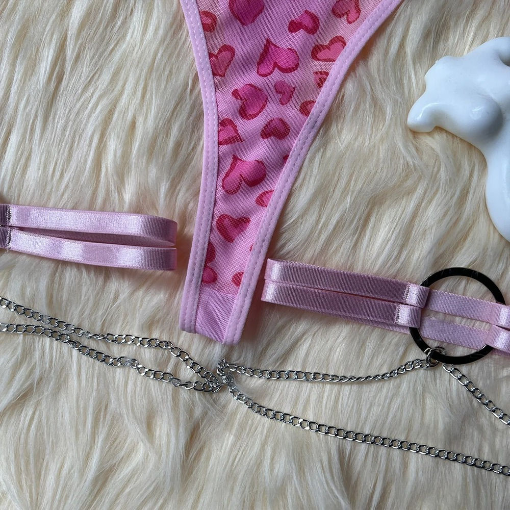 Pink Heart Pattern Lingerie Set with Garter and Gloves - EVE's SECRETS