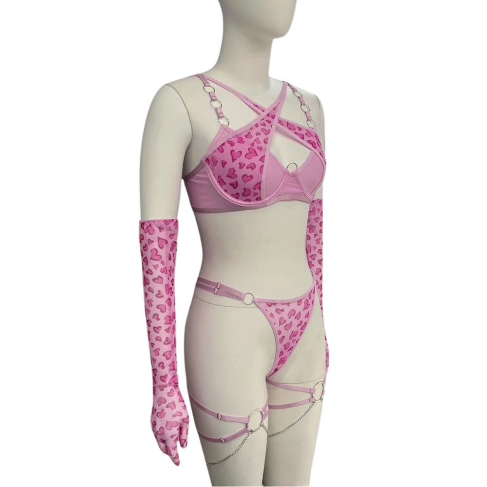 Pink Heart Pattern Lingerie Set with Garter and Gloves - EVE's SECRETS