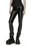 Punk Black Vegan Leather Leggings with Side Lacing Up