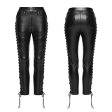 Punk Black Vegan Leather Leggings with Side Lacing Up