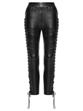 Punk Black Vegan Leather Leggings with Side Lacing Up