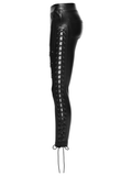 Punk Black Vegan Leather Leggings with Side Lacing Up