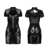 Punk Glossy Leather Dress with Mesh Insert and Buckles