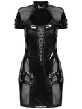 Punk Glossy Leather Dress with Mesh Insert and Buckles