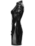 Punk Glossy Leather Dress with Mesh Insert and Buckles