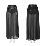 Punk Half Skirt with Adjustable Belt and Chiffon Overlay