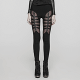 Punk-inspired Studded Black Mesh Panel Leggings