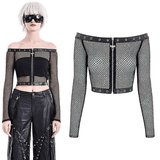 Punk Net Off Shoulder Top with Zipper and Rivet Details