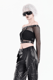 Punk Net Off Shoulder Top with Zipper and Rivet Details