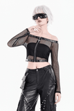 Punk Net Off Shoulder Top with Zipper and Rivet Details