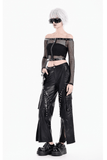 Punk Net Off Shoulder Top with Zipper and Rivet Details