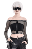 Punk Net Off Shoulder Top with Zipper and Rivet Details