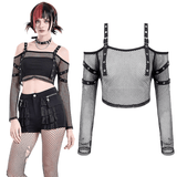 Rebellious Fishnet Crop Top with Studded Strap Detailing