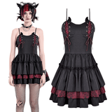 Rebellious Lace-Up Frilled Mini Dress with Bat Straps