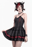 Rebellious Lace-Up Frilled Mini Dress with Bat Straps