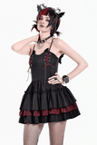Rebellious Lace-Up Frilled Mini Dress with Bat Straps