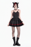 Rebellious Lace-Up Frilled Mini Dress with Bat Straps