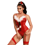 Red Sequined Santa-Inspired Corset with Fur Trim and Festive Hat