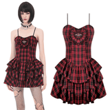 Red Tartan Punk Mini Dress with Tiered Frills