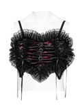 Refined Black-Burgundy Gothic Mesh Ruffle Bustier Top