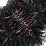 Refined Black-Burgundy Gothic Mesh Ruffle Bustier Top