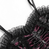 Refined Black-Burgundy Gothic Mesh Ruffle Bustier Top
