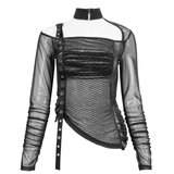 Sexy Gothic-Top mit Ausschnitten und transparentem Oberteil / modisches schwarzes Top mit Ösenband an einer Schulter 