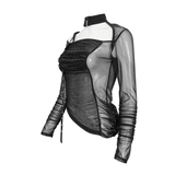 Sexy Gothic-Top mit Ausschnitten und transparentem Oberteil / modisches schwarzes Top mit Ösenband an einer Schulter 