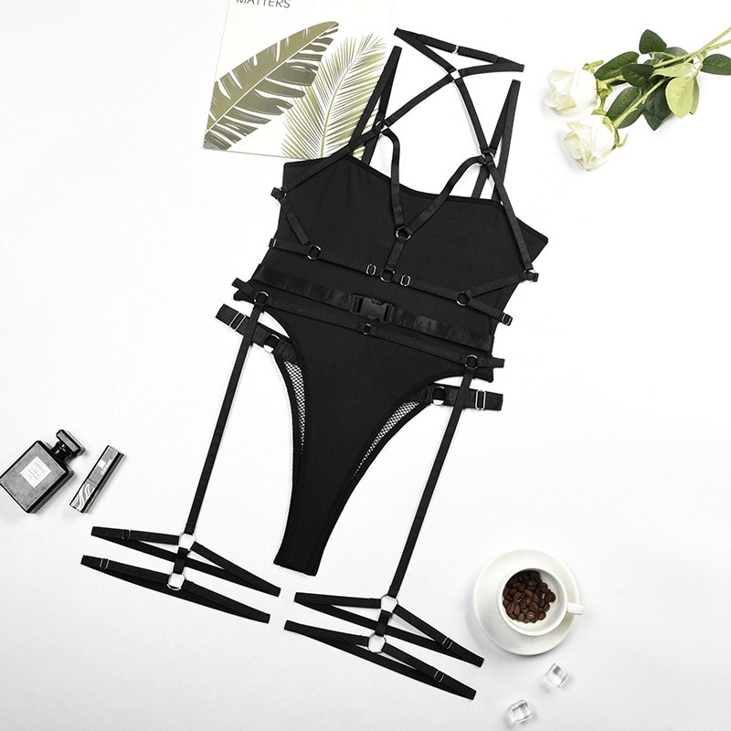 Sexy Bandage Bodysuit With Panties / Women's Black Lingerie / Erotic Fitting Body Top - EVE's SECRETS