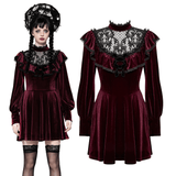 Vintage-inspired burgundy velvet dress with black lace trim, ruffled details, and puffed sleeves, perfect for gothic fashion lovers.