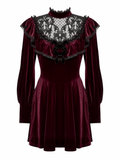 Burgundy velvet mini dress with black lace trim, ruffled details, and puffed sleeves for a gothic romantic look.