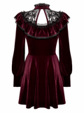 Burgundy velvet mini dress with black lace trim, ruffled details, and puffy sleeves, perfect for gothic elegance.