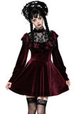 Velvet mini dress in burgundy with black lace trim, ruffled details, and puffed sleeves for a gothic look.