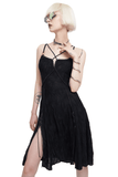 Sexy Gothic Cross Strap Black Dress with Slit Hem for Women