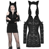 Sexy Lace Hooded Mini Dress with Cat Ears and Zipper