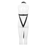 Body transparent en maille sexy punk/body noir à licou avec longue ceinture amovible