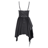 Layered asymmetric gothic dress with lace accents and metallic highlights, perfect for themed parties.