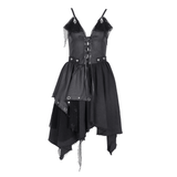 Black asymmetrical gothic dress featuring lace accents and layered skirt, perfect for themed parties.