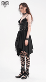 Gothic women's asymmetrical layered dress with lace accents and metallic highlights.