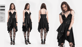 Gothic layered asymmetrical dress with lace accents and metallic details, perfect for themed parties.