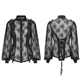 Sheer Gothic Lace Blouse with Mesh Panels and Rose Pattern