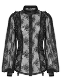 Sheer Gothic Lace Blouse with Mesh Panels and Rose Pattern