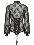 Sheer Gothic Lace Blouse with Mesh Panels and Rose Pattern
