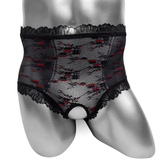 Sheer Mesh Embroidery Panties with Open Crotch / Sexy Men's See-Through Briefs