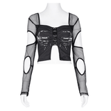 Sheer Mesh Long-Sleeved Crop Top with Cutouts and Print